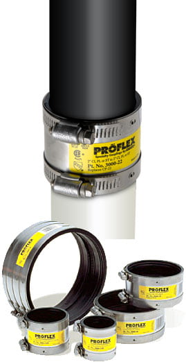 Fernco Proflex shielded transition coupling installed on a pipe, with a range of Proflex sizes