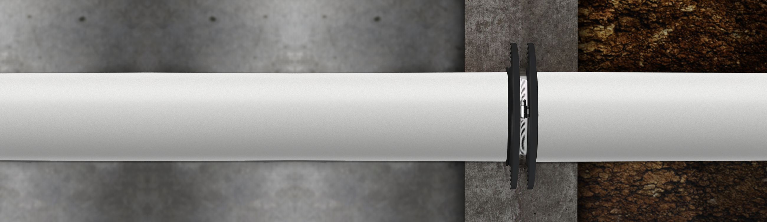 Cutaway illustration: Fernco Dual Puddle Flange clamped to a pipe and cast into a concrete foundation wall