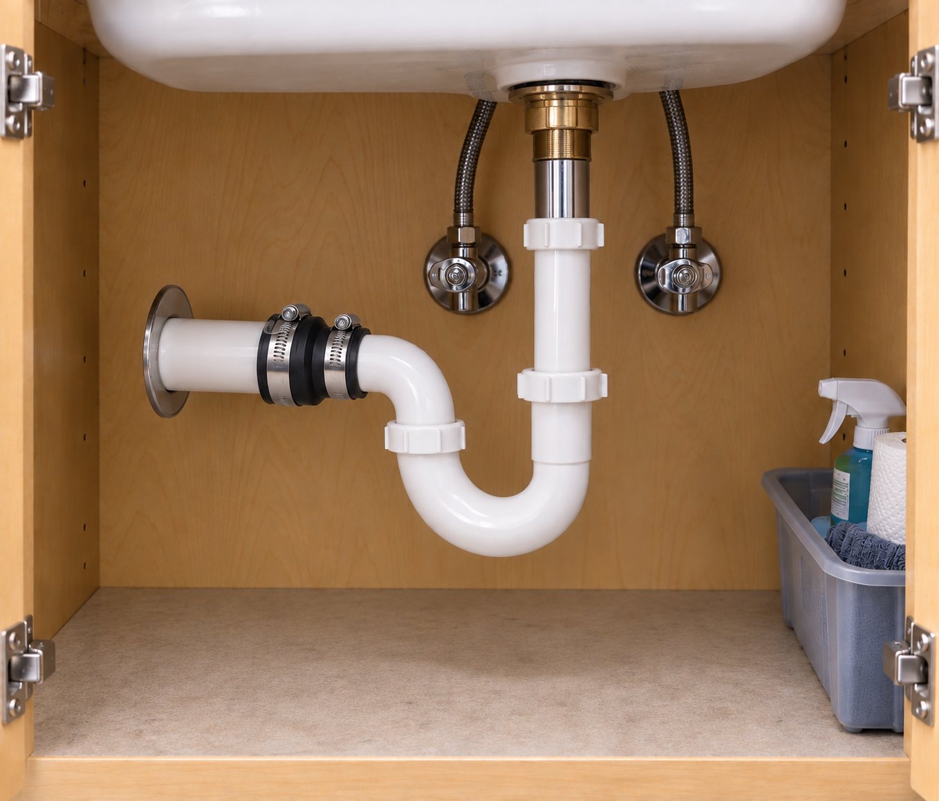 Fernco Drain & Trap Connector joining a white plastic sink trap to the drain pipe in a bathroom vanity cabinet