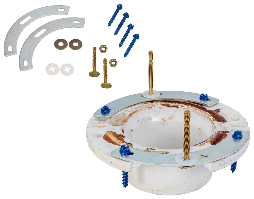 Fernco PSF-100-2KIT Fix-A-Flange Complete: kit hardware next to two horseshoes installed on top of a plastic toilet flange