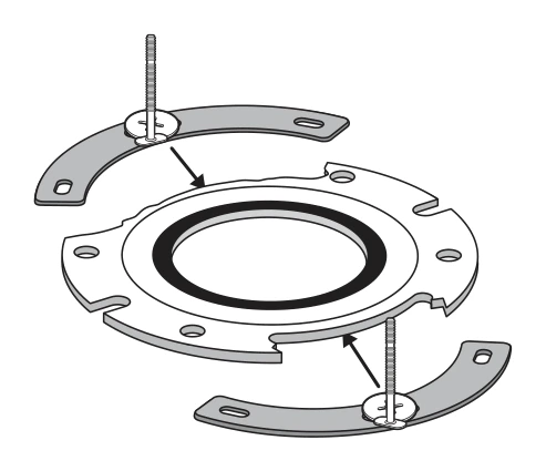 Drawing of Fix-A-Flange horseshoes sliding under a broken closet flange with toilet bolts in place