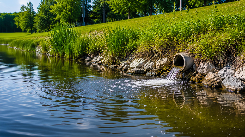 Stormwater pipe discharging into a grassy drainage channel