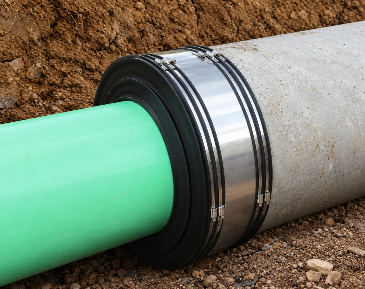 Fernco Large Diameter Coupling with reducer bushing and stainless steel shield joining green PVC sewer pipe to concrete pipe in a trench
