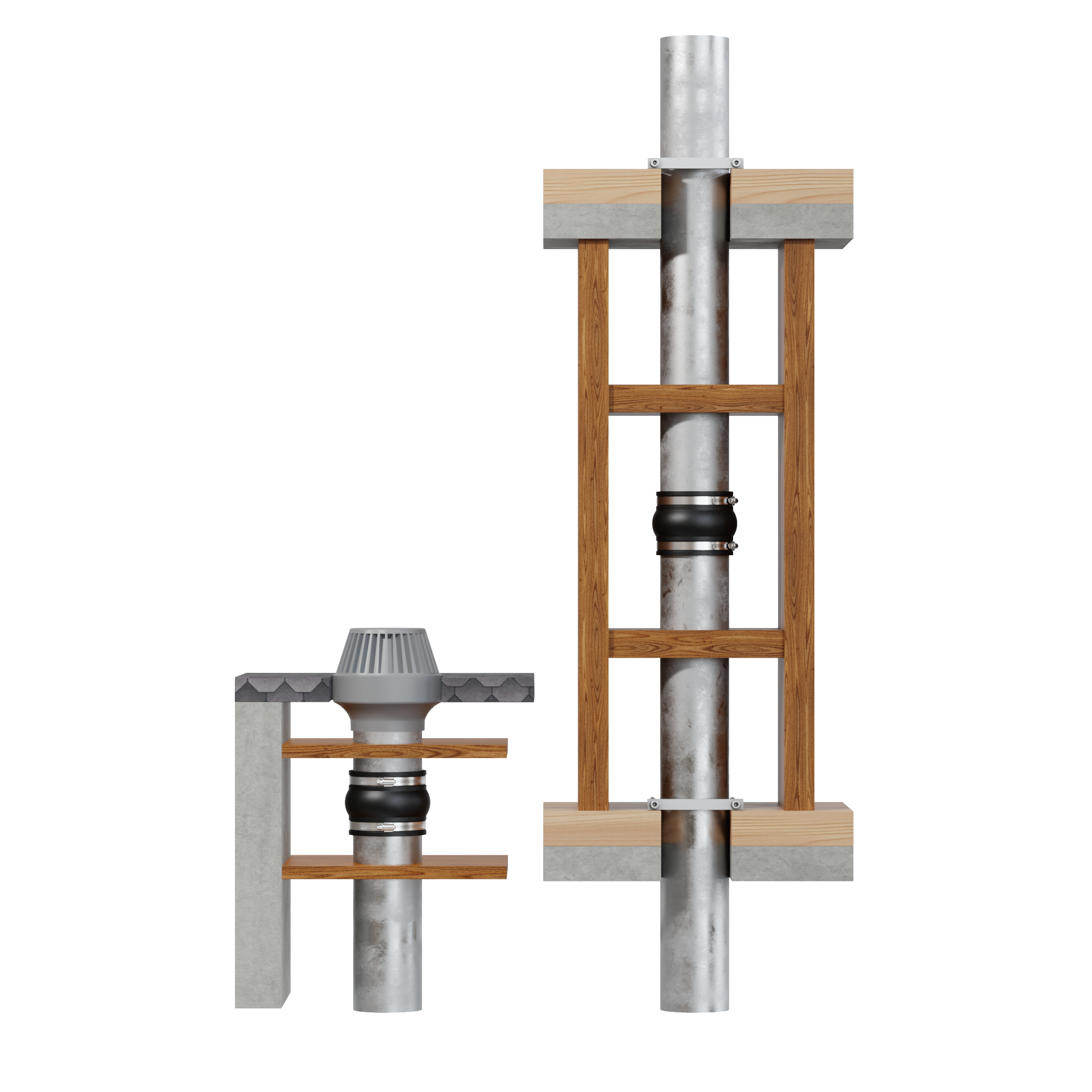 Fernco Expansion Joints shown installed in a multi-story stack between floors and below a flat roof sump