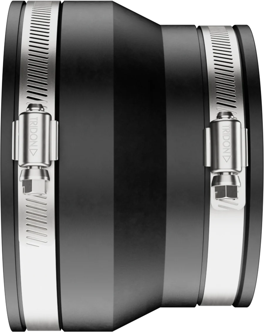Fernco reducing coupling: large end for the sleeve, small end for the pipe