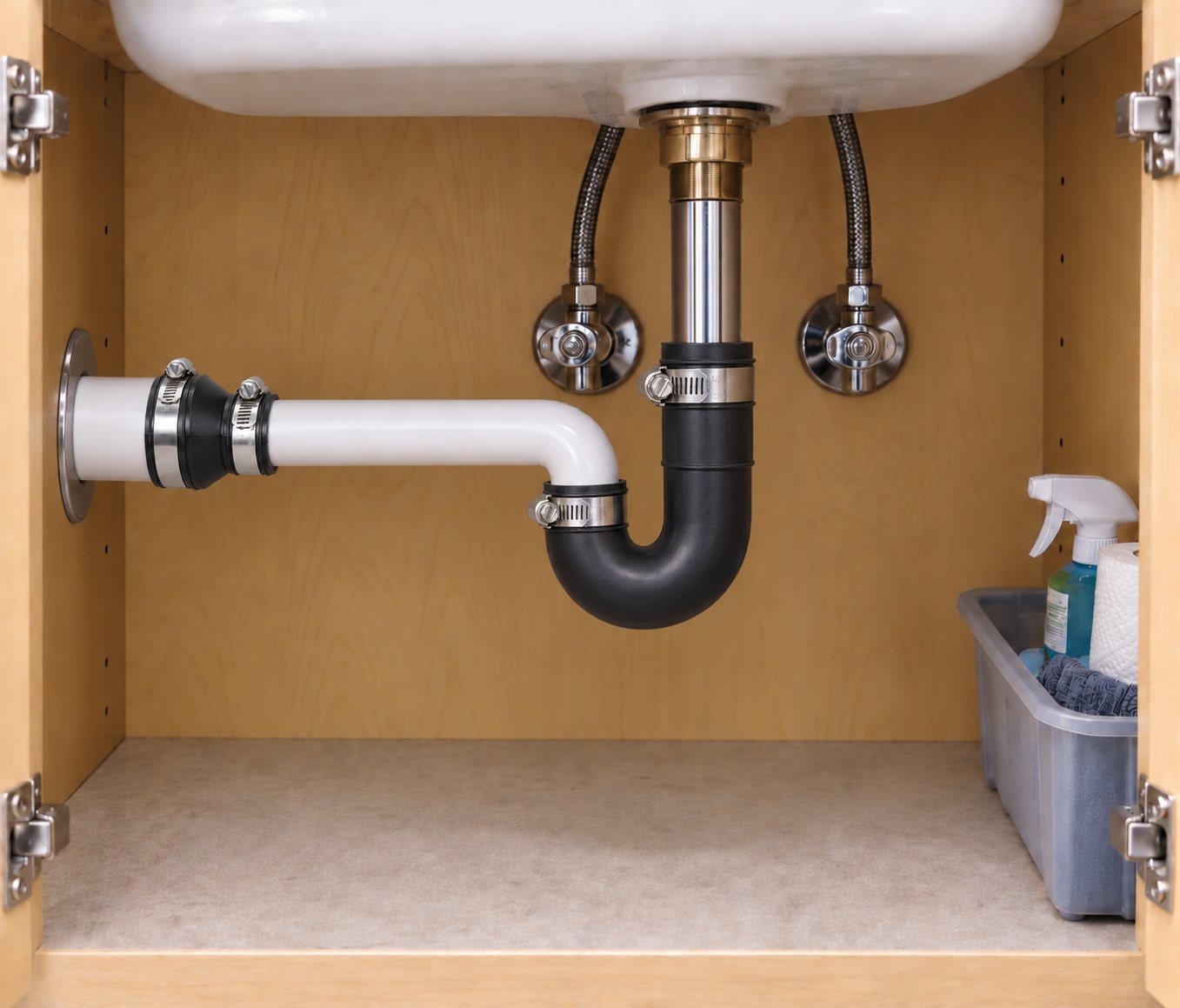 Fernco Qwik Trap Connector and Drain and Trap Connector installed together under a bathroom sink