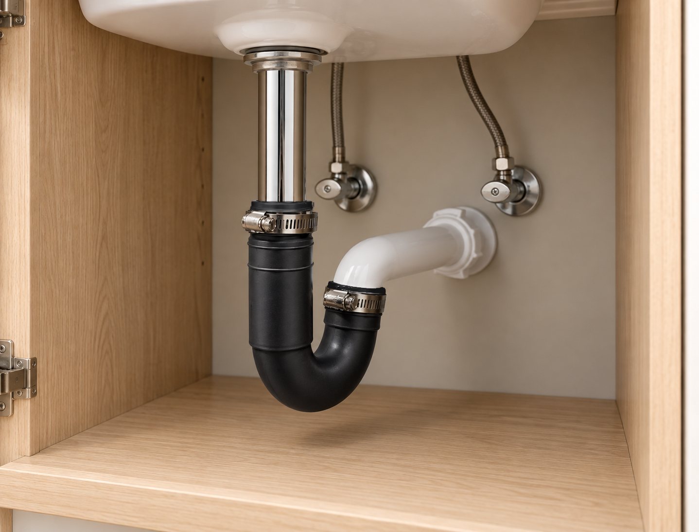 Fernco Qwik Trap Connector installed under a bathroom sink, joining the chrome sink drain to the white trap arm