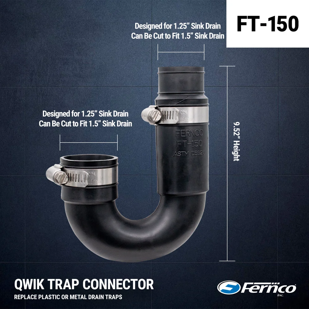 Fernco FT-150 Qwik Trap Connector with both ends labeled designed for 1.25 inch sink drain, can be cut to fit 1.5 inch sink drain, 9.52 inch height