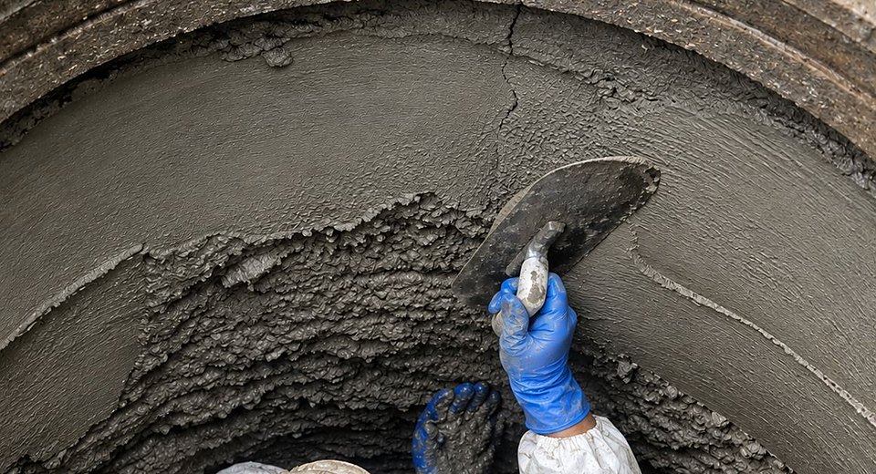 A worker troweling repair mortar onto a manhole wall