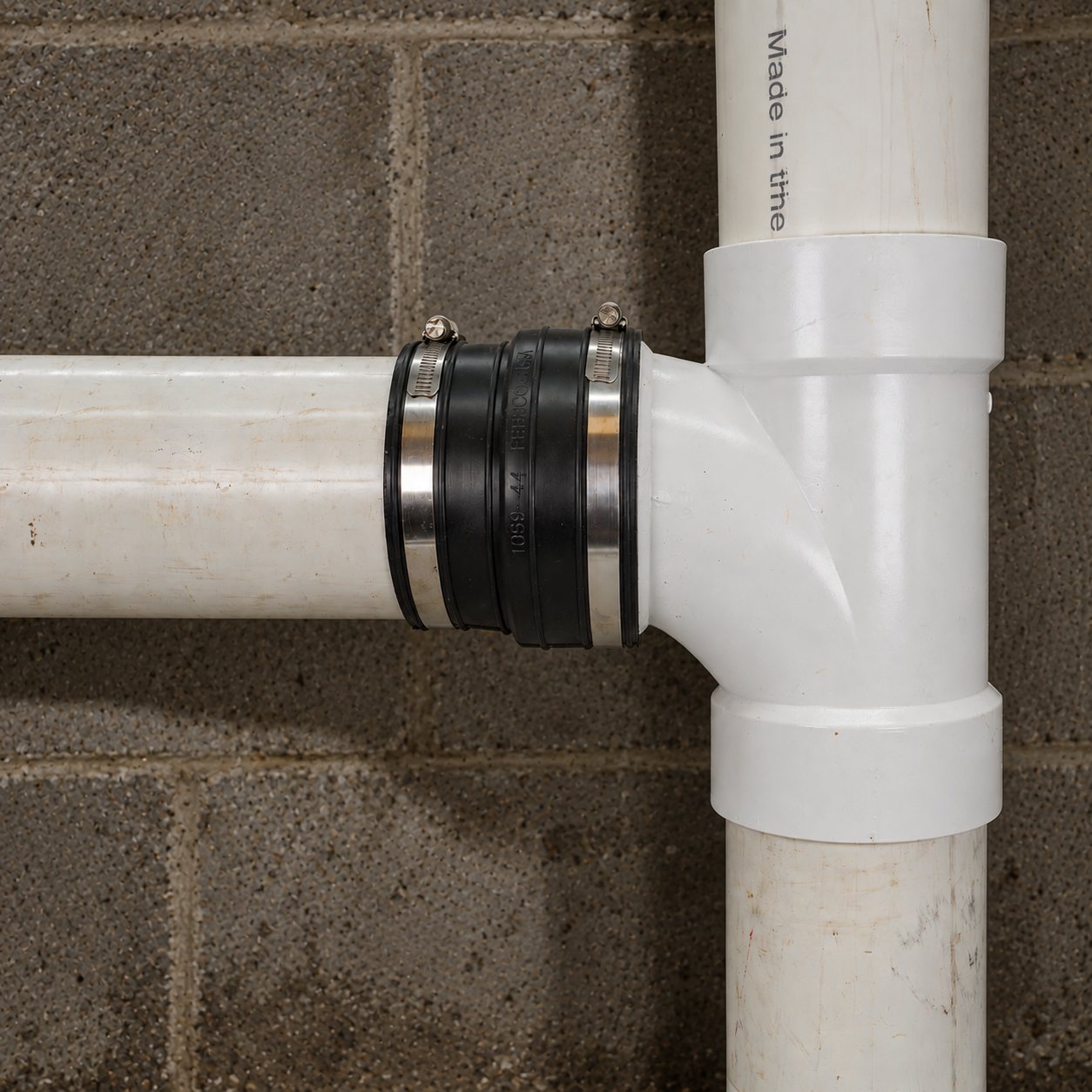 Fernco 1059-44 socket coupling joining 4 inch PVC pipe to the hub of a PVC tee on a block basement wall