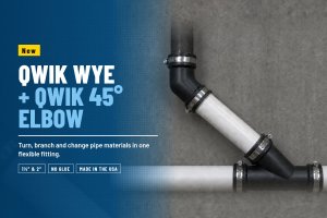 Fernco Qwik Wye and Qwik 45 degree elbow joining steel and PVC drain pipe