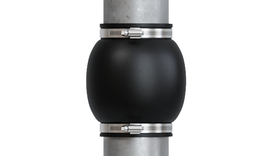 Fernco Expansion Joint with the pipe contracted, body drawn tall and narrow
